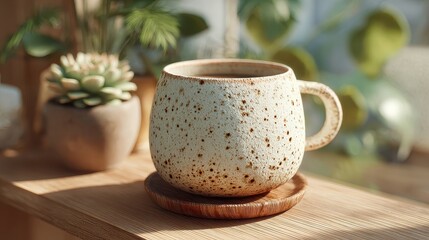 Close-up of a rustic ceramic mug filled with a hot beverage on a wooden coaster, sitting on a wooden table near the window with indoor plants behind
