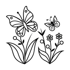Fototapeta premium stylized butterfly and flowers in a garden line art 