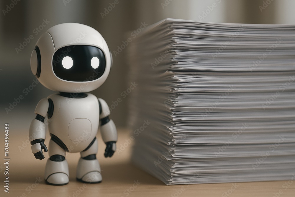 Poster ai automatic task system. a small robot stands beside a tall stack of papers, showcasing a blend of 
