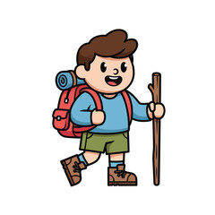 Fototapeta premium Cheerful cartoon boy character hiking with a backpack and a wooden staff. Cute adventurer mascot for outdoor activities