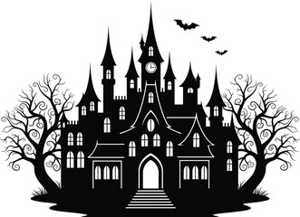 Gothic Haunted Castle with Flying Bats and Dead Trees in Spooky Halloween Night Vector Illustration for Horror and Holiday Design
