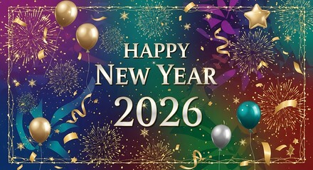 Vibrant New Year celebration with fireworks and balloons, wishing a bright future for 2026