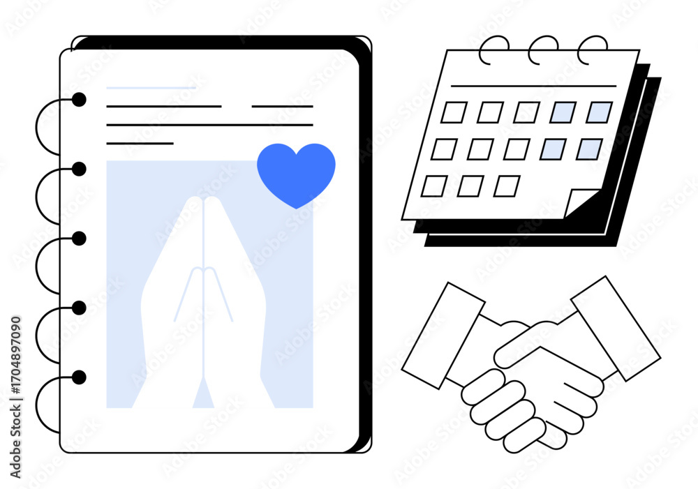Poster notebook with outline of praying hands and heart, calendar with marked dates, handshake denoting agr