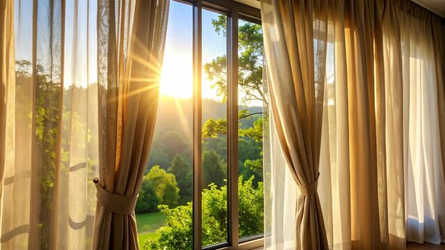 Sunlight streams through window with sheer curtains overlooking a lush green landscape, creating a peaceful, home interior, scenic view.