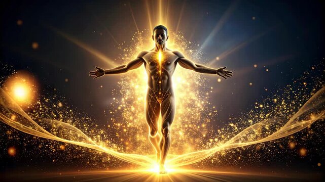 Radiant man standing, arms outstretched, glowing energy flowing from body, spiritual enlightenment, golden light beams, artistic representation, energy field