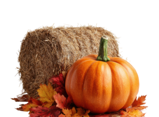 Harvest festival pumpkin display with haystack in autumn landscape isolated on transparent background
