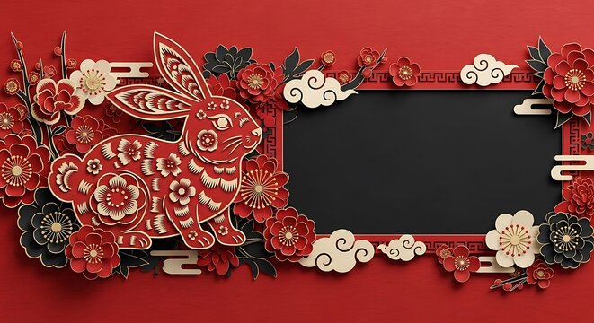 Festive red and gold rabbit banner with floral and cloud motifs, perfect for Chinese New Year celebrations. - Powered by Adobe