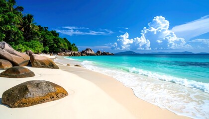 Tropical beach scene. Turquoise water meets white sand, backed by lush green vegetation and large granite boulders under a blue sky
