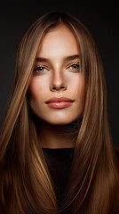 Fototapeta premium Close-up of a woman with smooth, long hair and radiant skin, conveying beauty and elegance in a studio setting.