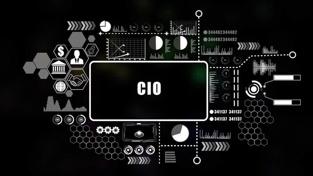 Futuristic blue HUD interface with CIO  text and glowing circular elements on a map background technology