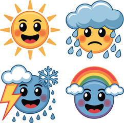 Happy sun sad rain lightning snowflake rainbow weather faces yellow orange