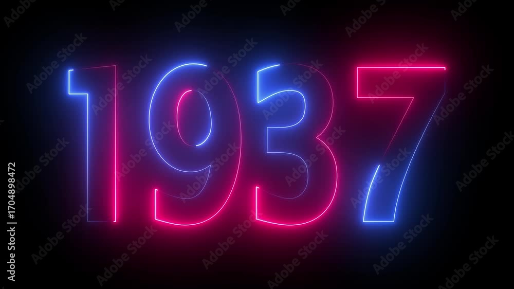 Poster 1937 neon line text animation. 1937 year text effect with neon glow. colorful 1937 typography effect
