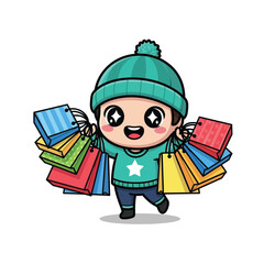 A joyful cartoon boy mascot in a winter beanie enjoys a shopping spree, carrying numerous colorful paper bags