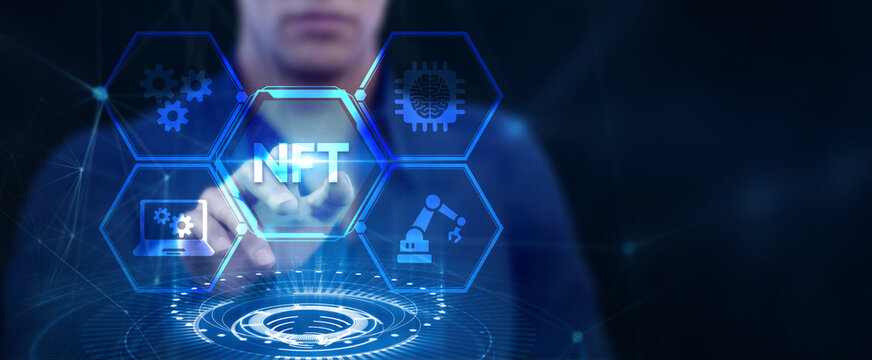 NFT Non-fungible token digital crypto on virtual screen.