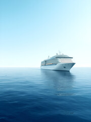 A cruise ship sailing on calm waters, right empty space, soft sky-blue background,  illustration