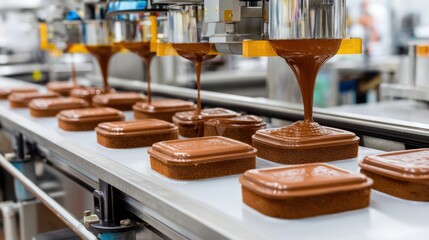 Automated chocolate production line featuring molten chocolate flowing into square molds in a modern manufacturing facility for confectionery products