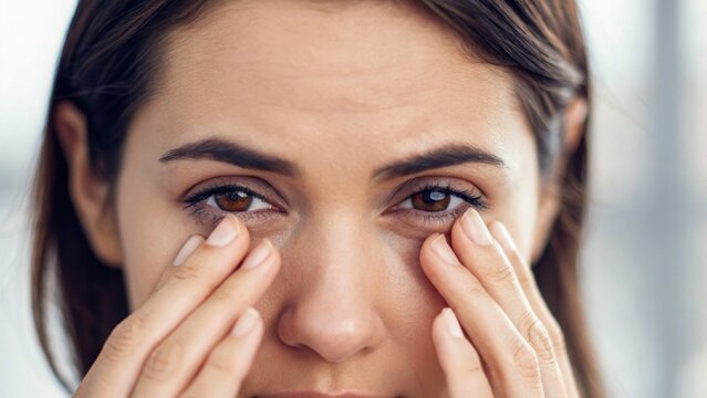A woman gently touches her face, expressing a moment of reflection or concern, with a focus on her eyes and emotional state.