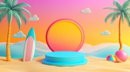 colorful 3d vector banner featuring circular podium on sand, flanked by stylized palm trees surfboard and beach ball against gradient sky