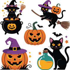 Fototapeta premium Black cats pumpkins witches hats cauldrons brooms bats potion halloween