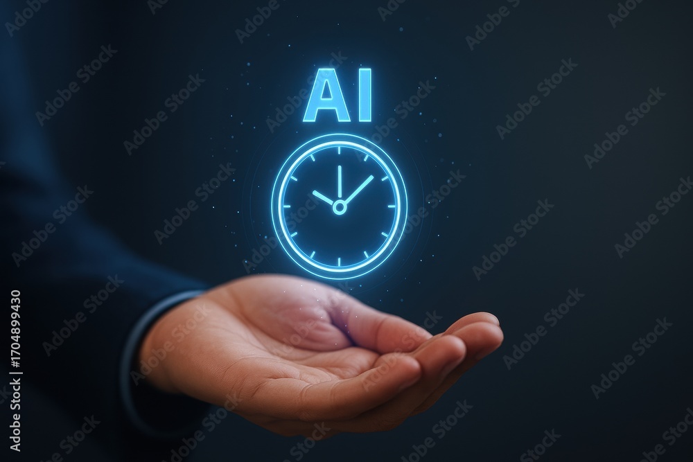 Aufkleber ai automatic task system. a hand holding a glowing clock with 