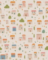 adorable tiny village Whimsical watercolor village scene with pastel houses and greenery, charming illustration of a peaceful community setting a tiny village on a cloud