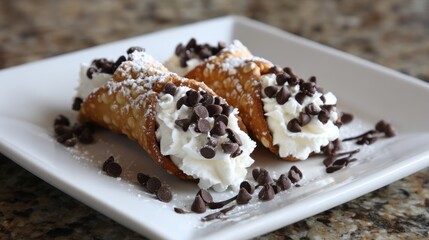 Delicious Cannoli Dessert Topped with Whipped Cream and Chocolate Chips on a Plate, Perfect for Celebrations and Sweet Tooth Lovers