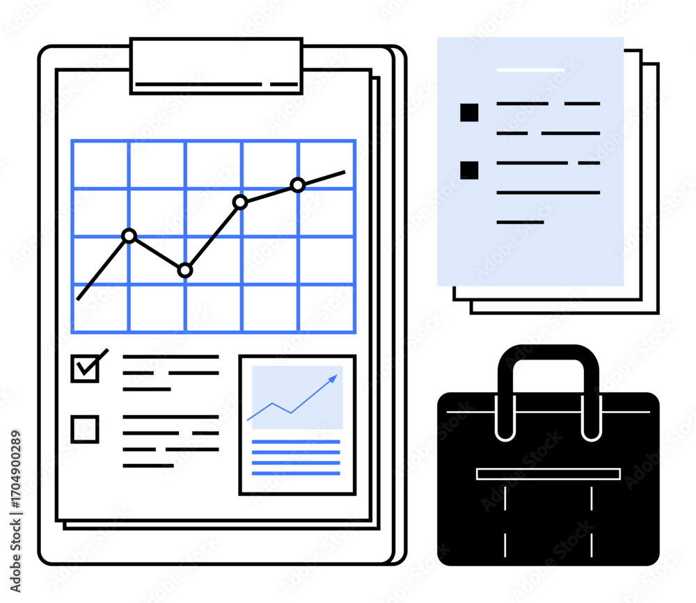 Poster clipboard with growth chart and checkboxes, stack of documents, and briefcase. ideal for business go