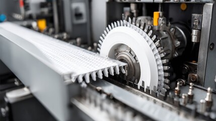 Industrial machinery demonstrating the operation of a precision cutting tool within a manufacturing setup, featuring complex components and intricate details in a factory environment