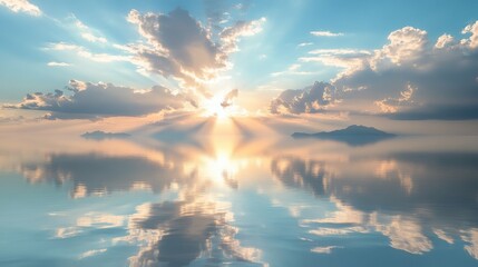 expansive banner of tranquil shore with mirrored waterline, distant islet outline and sunbeams piercing through scattered clouds