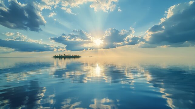 expansive banner of tranquil shore with mirrored waterline, distant islet outline and sunbeams piercing through scattered clouds