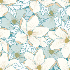White Magnolia Seamless Pattern on Blue Background