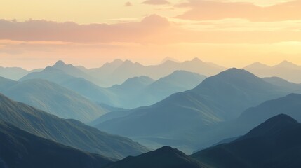 Obraz premium layered hillsides highlighted in sunset gradient, sharp rocky summits contrasting against pastel clouds