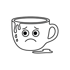 Sad spilling coffee cup character with droopy eyes