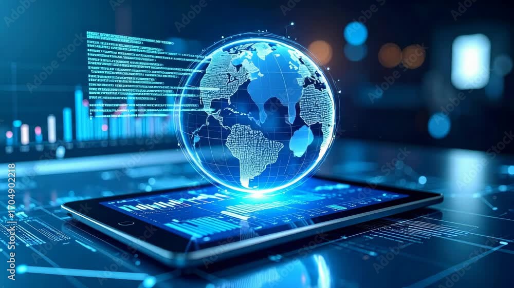 Poster digital earth hologram projecting onto tablet with data charts and graphs display, modern global net