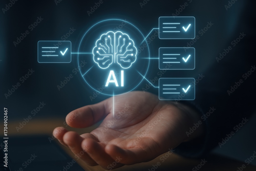 Aufkleber ai automatic task system. digital hand displaying ai concepts with checkmarks, symbolizing technolog