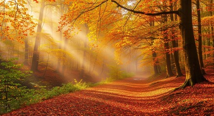Autumn forest with golden sunlight rays shining through colorful fall trees, misty woodland nature scenery, seasonal landscape background