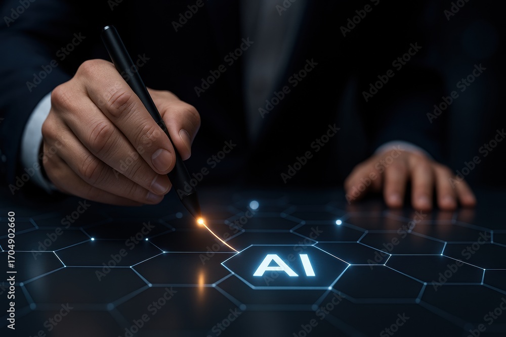 Aufkleber ai automatic task system. a hand using a stylus creates a glowing ai symbol on a digital interface.