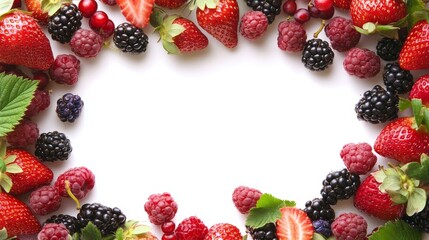 rectangular berry wreath of strawberries raspberries blackberries blueberries and gooseberries edging an empty center