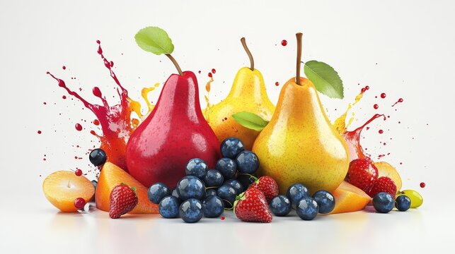 realistic 3d vector pears grapes and berries bursting through vibrant splash shapes on clean white canvas