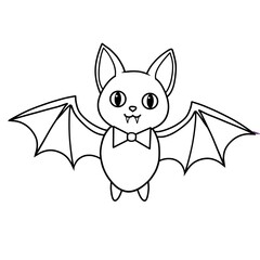 Cute and simple line art of a cartoon bat with a bow tie. This clean black and white vector is ideal for Halloween coloring pages, children's books, and various festive designs.