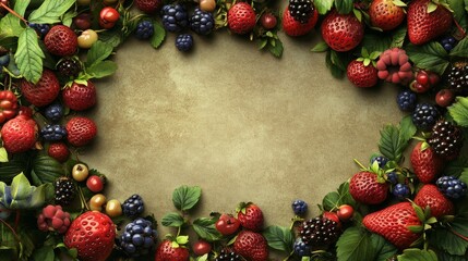 rectangular berry wreath of strawberries raspberries blackberries blueberries and gooseberries edging an empty center