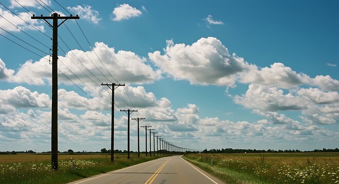 Empty road with utility poles under a sky with clouds