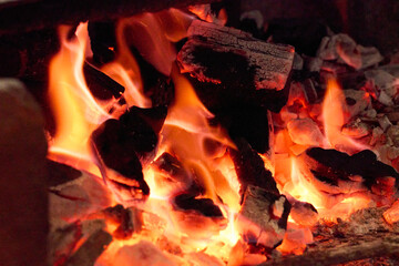 The fire is burning brightly, and the wood is glowing red. The flames are dancing and crackling,...