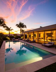 Modern home with pool at sunset