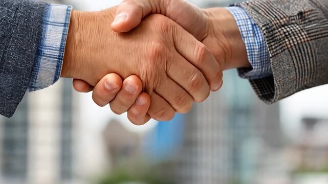 Handshake agreement against blurred city backdrop, collaboration shown