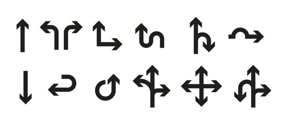 Collection of black vector arrows in various directions and styles. Includes flat arrow icons for navigation, user interface, road signs, and wayfinding. Features turning arrows, Vector Illustration. © Naini