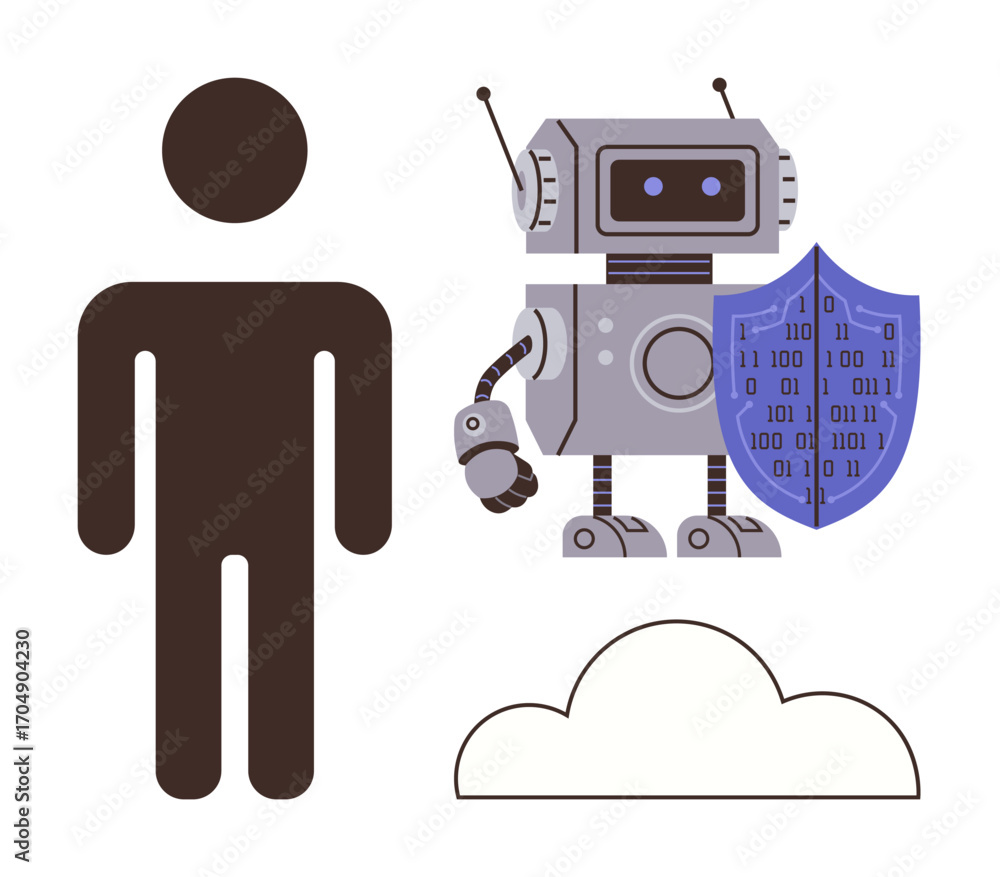 Poster person silhouette, robot holding shield with binary code, and cloud. ideal for cybersecurity, ai, hu