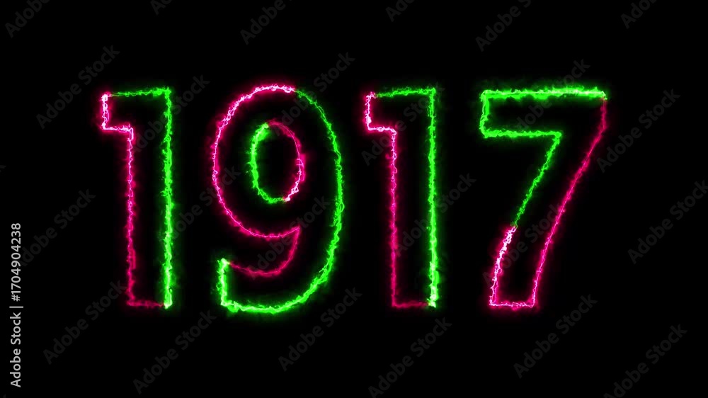 Poster 1917 neon line text animation. 1917 year text effect with neon glow. colorful 1917 typography effect