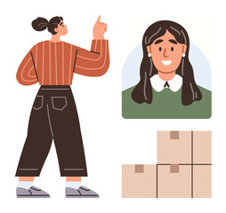 Woman pointing upwards, portrait of a smiling woman, and stack of cardboard boxes. Ideal for leadership, service, communication, teamwork, organization logistics and management. Simple flat