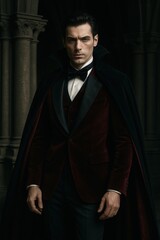 Fototapeta premium Young Caucasian man in formal vampire costume with cape and bow tie stands against dark gothic architecture. Halloween, horror character and classic Dracula concept